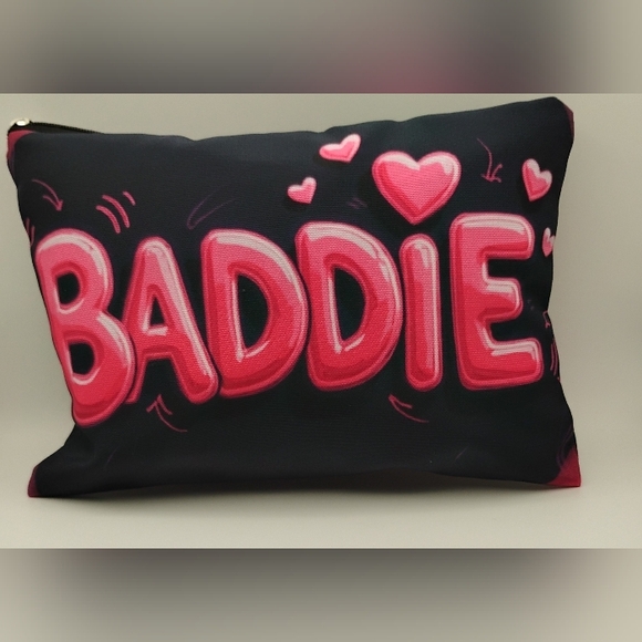 Stylish Pink and Black 'Baddie' Cosmetic Pouch 8.5"L×6"H - Picture 2 of 2